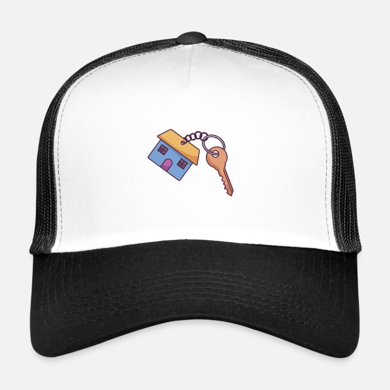 Un porte-clés en forme de maison bleue avec une clé - Casquette trucker  - blanc/noir