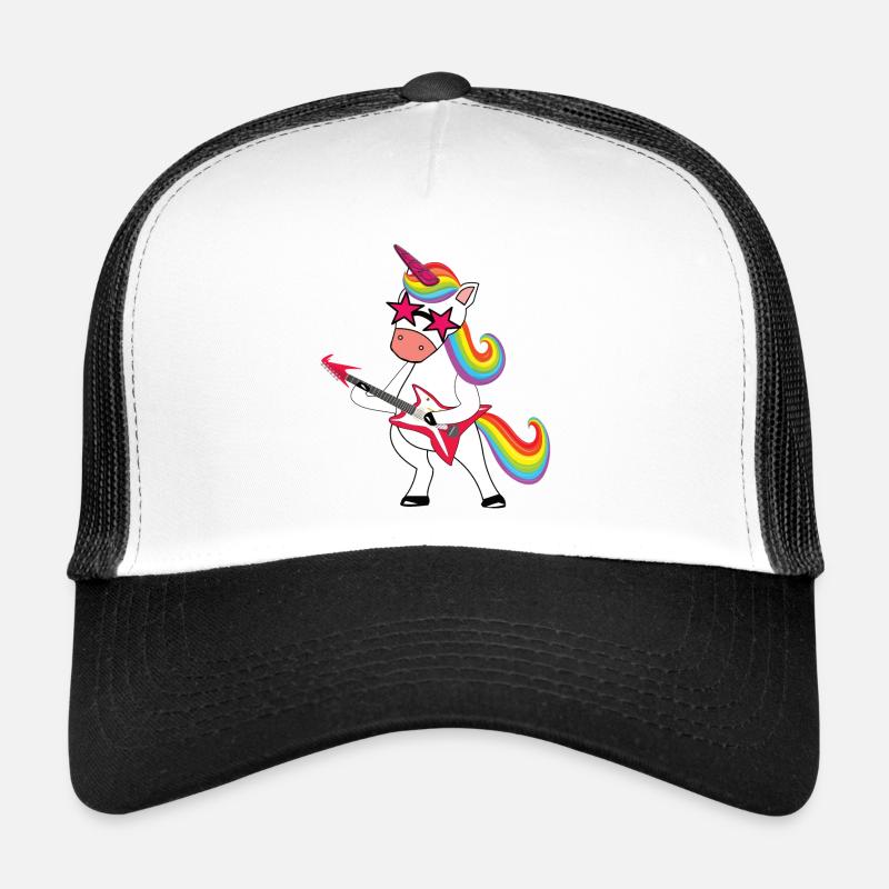Regenbogen-Rockunicorn mit Gitarre - Trucker Cap - Weiß/Schwarz