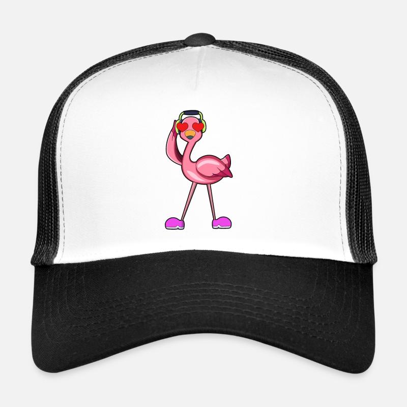 Flamingo mit Kopfhörer & Herzen - Trucker Cap - Weiß/Schwarz