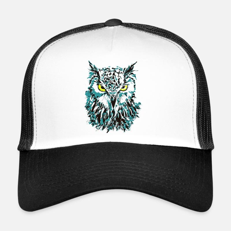 Eule Zeichnung - Blaue Eule mit leuchtenden Augen - Trucker Cap - Weiß/Schwarz
