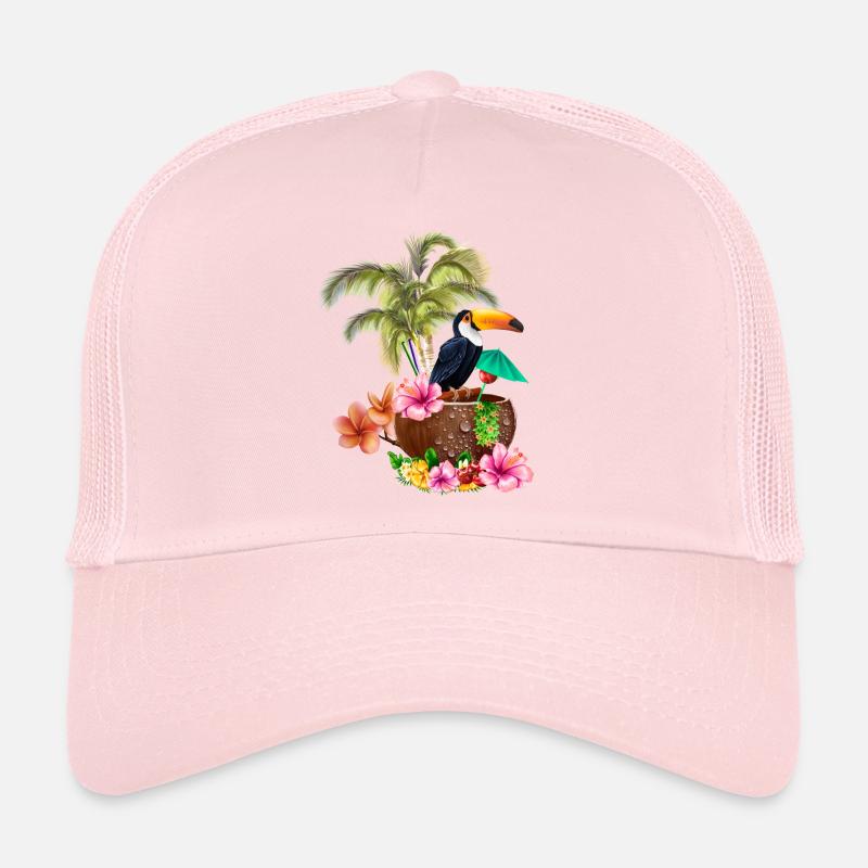 Conception tropicale avec toucans et palmiers. Casquette trucker 
