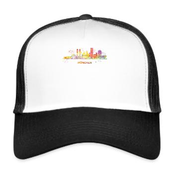 München Skyline Bunt Münchener Frauenkirche - Trucker Cap - Weiß/Schwarz - Vorne