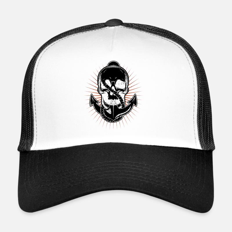 Anker und Schädel Bootskapitän Maritimes Skelett - Trucker Cap - Weiß/Schwarz