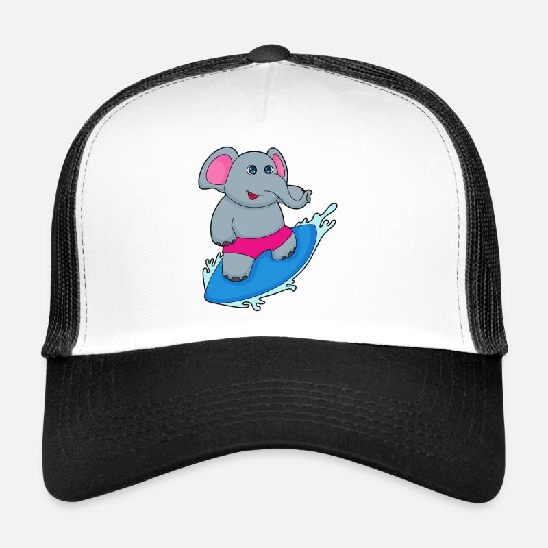 Elefant als Surfer mit Surfbrett Trucker Cap