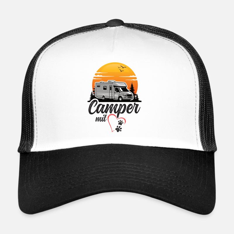 Camper mit Herz und Pfoten Hund Camping - Trucker Cap - Weiß/Schwarz