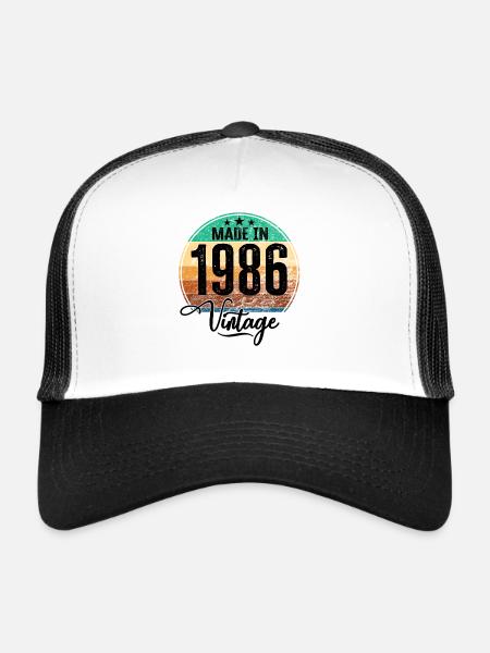 Millésime Fabriqué en 1986 Année de naissance 1986 Anniversaire - Casquette trucker  - blanc/noir - Devant