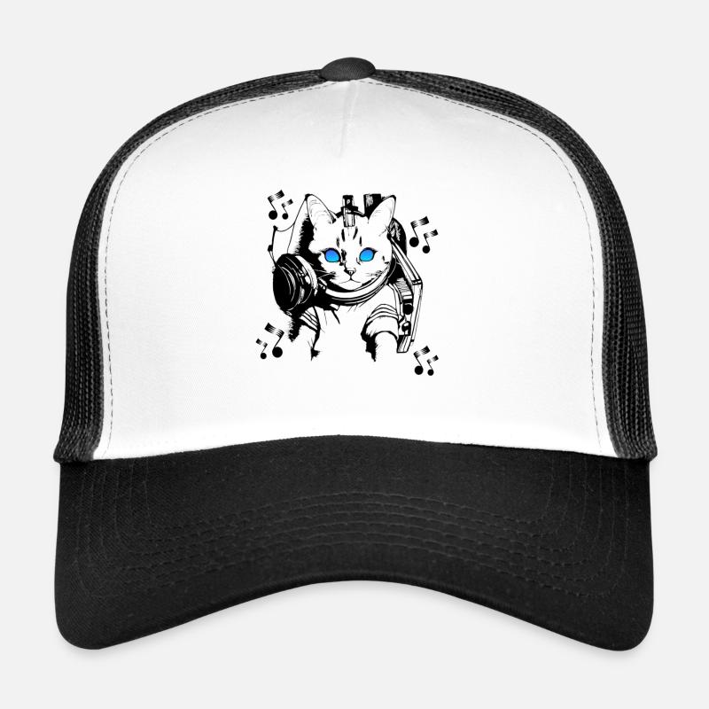 DJ Katze mit Kopfhörern - Trucker Cap - Weiß/Schwarz