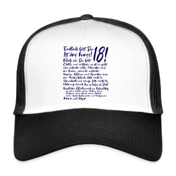 18. Geburtstag Endlich 18 Jahre Geschenk zum 18. - Trucker Cap - Weiß/Schwarz - Vorne