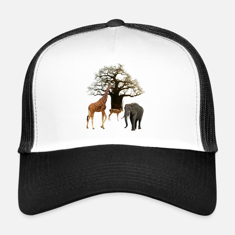 Baobab mit Giraffe und Elefant und Impala - Afrika Trucker Cap
