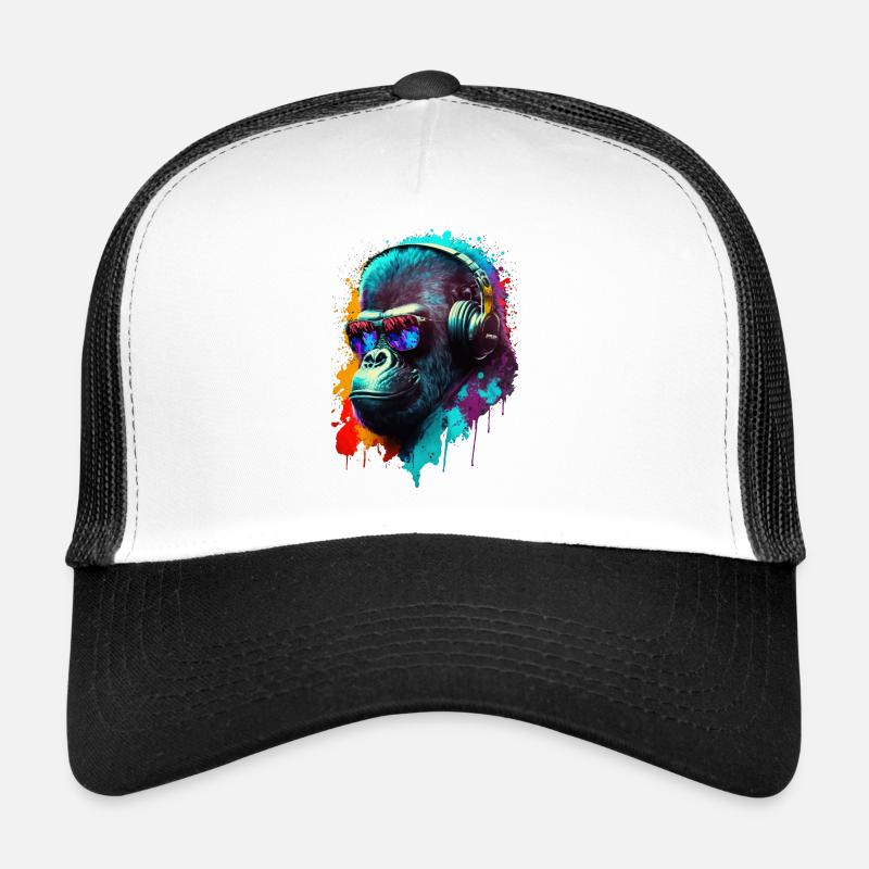 Gorilla Affe DJ Kopfhörer Sonnenbrille Club Musik Trucker Cap