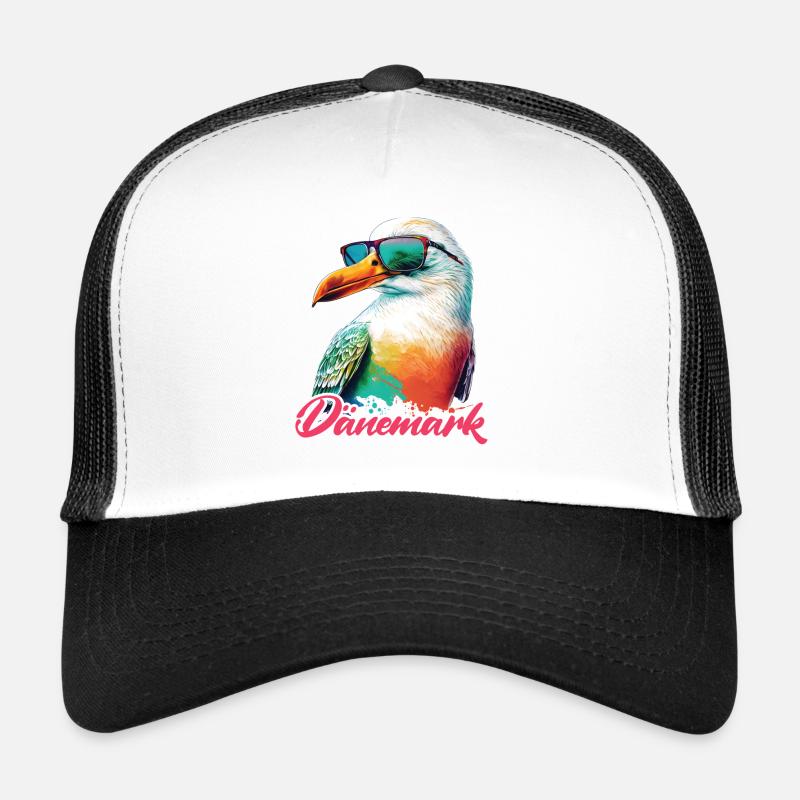 Dänemark Urlaub coole bunte Möwe mit Sonnenbrille - Trucker Cap - Weiß/Schwarz
