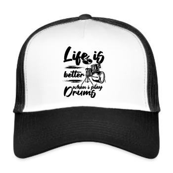 La vie est meilleure quand je joue de la batterie - Drum Player - Casquette trucker  - blanc/noir - Devant