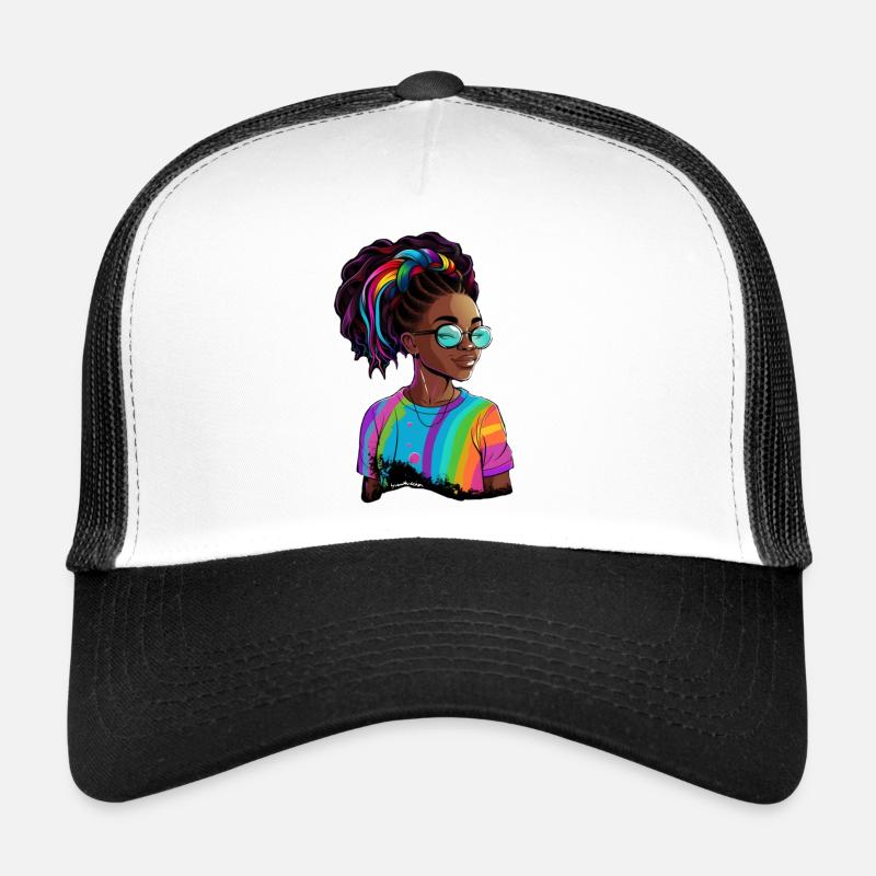 Bunte Dreadlocks und Regenbogen-T-Shirt - Trucker Cap - Weiß/Schwarz