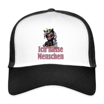 Kleines süßes Schwarzes Einhorn mit Spruch - Trucker Cap - Weiß/Schwarz - Vorne
