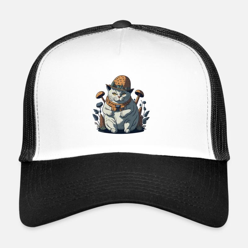Fette Cottagecore-Katze mit Pilzhut Trucker Cap