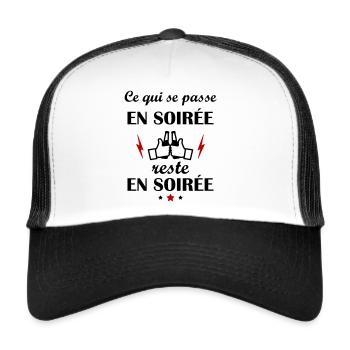 Ce qui se passe en soirée reste en soirée, fête - Casquette trucker  - blanc/noir - Devant