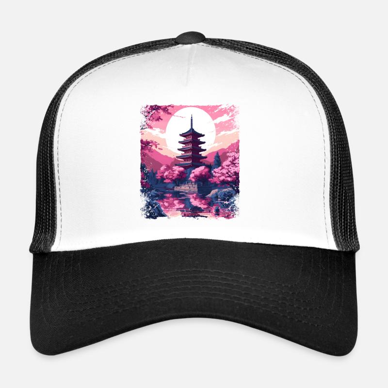 Arbre Sakura en fleurs de cerisier dans un temple Vaporwave Casquette trucker 