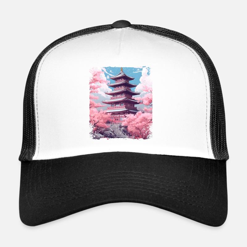Sakura en fleurs de cerisier dans un temple Vaporwave Casquette trucker 