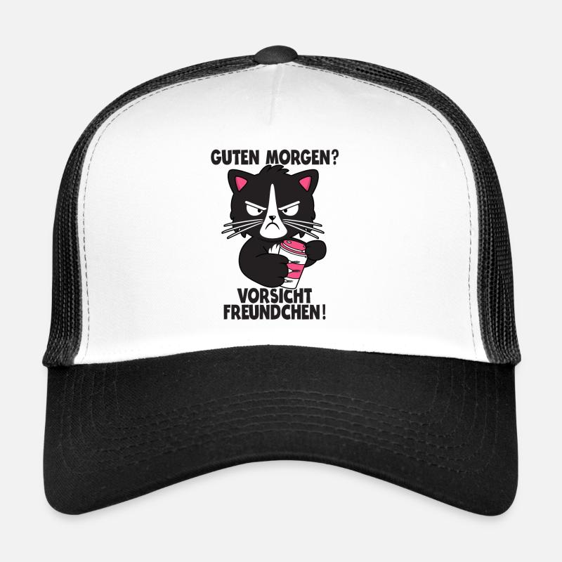 Katze Kaffee Morgenmuffel Langschläfer Geschenk - Trucker Cap - Weiß/Schwarz