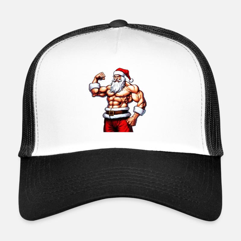 Eiserner Weihnachtsmann: Weihnachts-Bodybuilder mit Weihnachtsmann wiegen Trucker Cap
