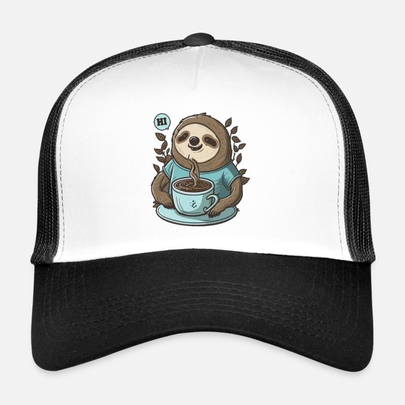 friendly sloth with fragrant coffee says HI Trucker Cap