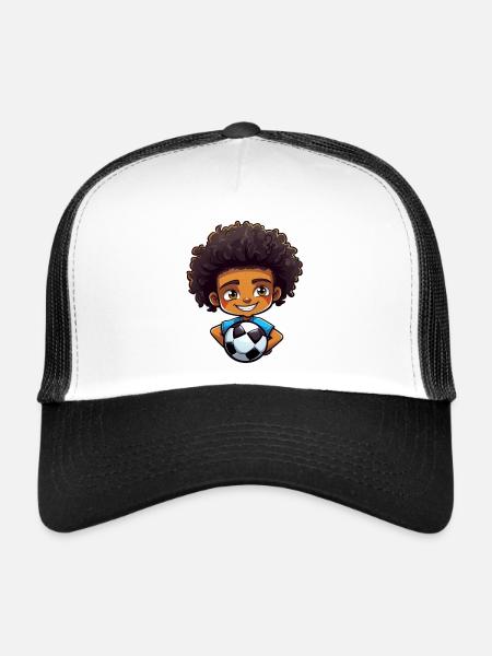 Afro Black Kid Boy Girl Soccer - Trucker Cap - white/black - Front