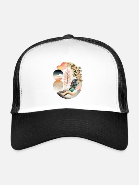 Œuf Japandi, design rond dans le style japandi - Casquette trucker  - blanc/noir - Devant