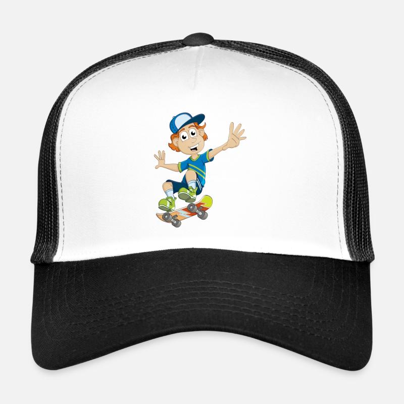 Zeichnung eines Jungen auf einem Skateboard Trucker Cap