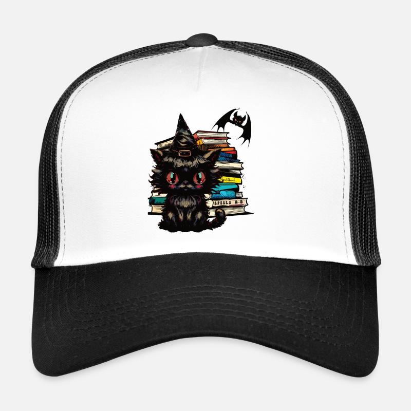 Cat with witch hat, magic books and bat Trucker Cap