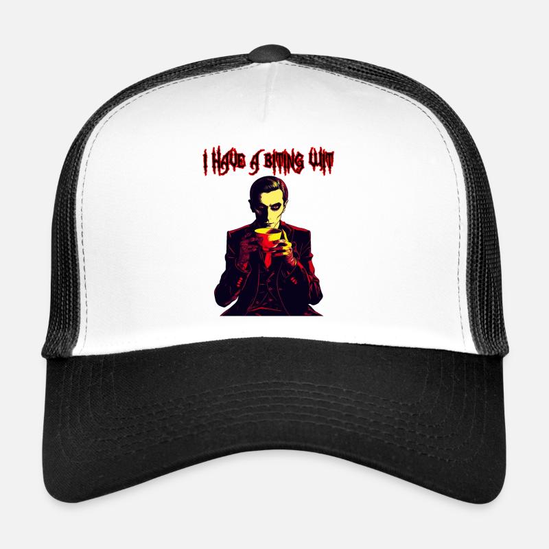 Biting wit Vampire drinnking coffee Trucker Cap