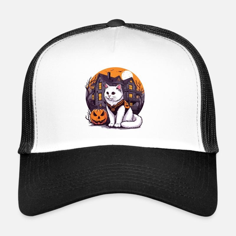 Chat blanc d’Halloween en sweat à capuche avec maison hantée Casquette trucker 