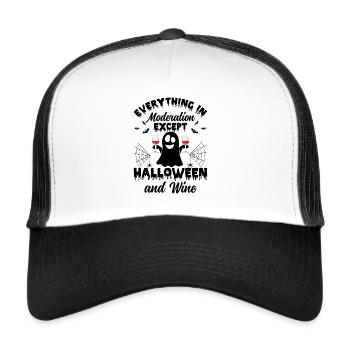 Everything In Moderation Except Halloween & Wine - - Trucker Cap - Weiß/Schwarz - Vorne