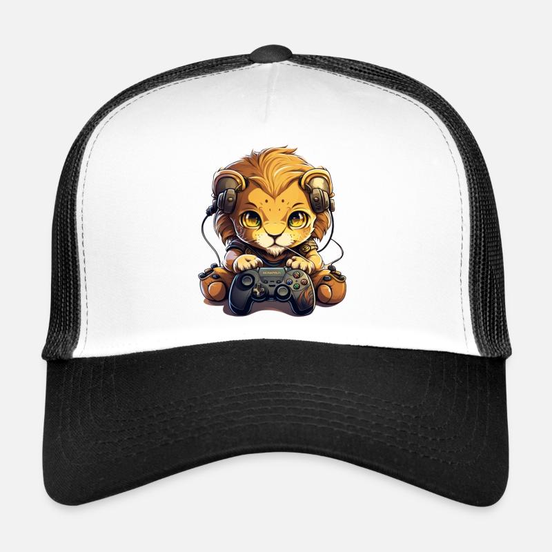 Gamer Lion mit Kopfhörern - Trucker Cap - Weiß/Schwarz