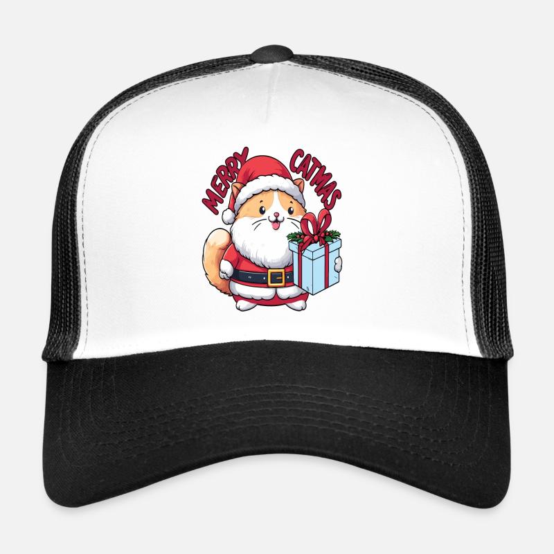 Fat cat as Santa Claus with present Merry Catmas Trucker Cap