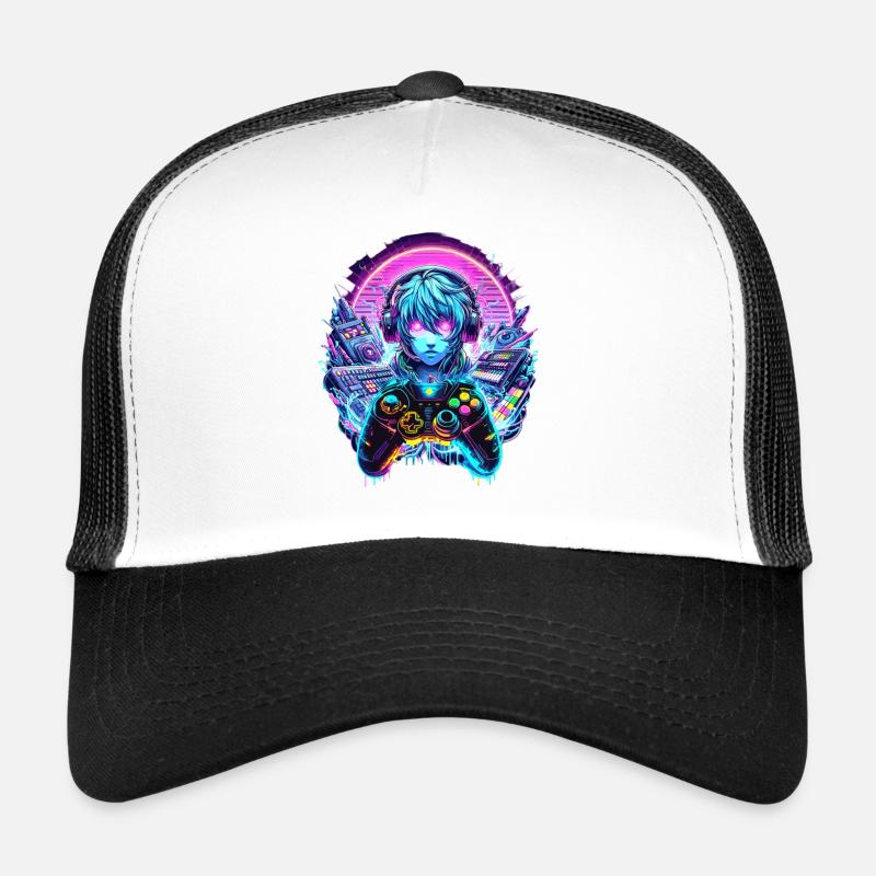 Gamer Headset Anime Synthwave Art - Trucker Cap - Weiß/Schwarz
