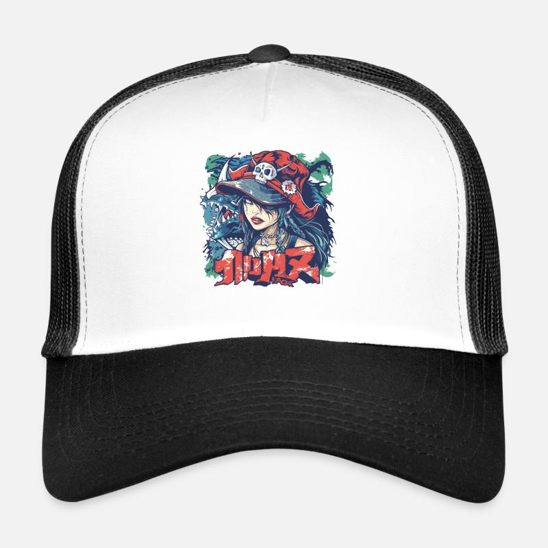 90er Anime-Manga-Mädchen Piratenstil mit Graffiti - Trucker Cap - Weiß/Schwarz