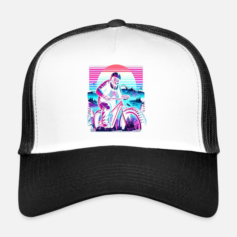 Synthwave Skeleton Biker Fatbike Retro Sunset Trucker Cap