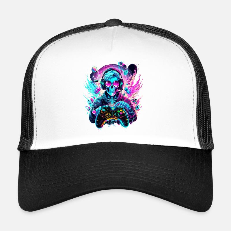 Synthwave Skull Gaming Controller Art Trucker Cap