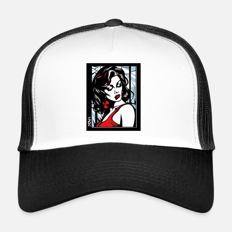 Elegante Frau in rotem Kleid Trucker Cap