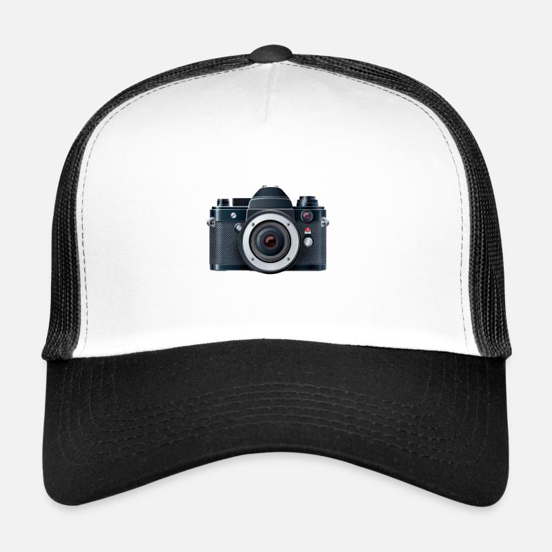Digitalkamera mit Blitz in einer 2D-Illustration Trucker Cap