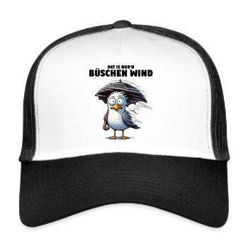 Möwe Sturm Schietwetter, Dat is nur'n büschen Wind - Trucker Cap - Weiß/Schwarz - Vorne