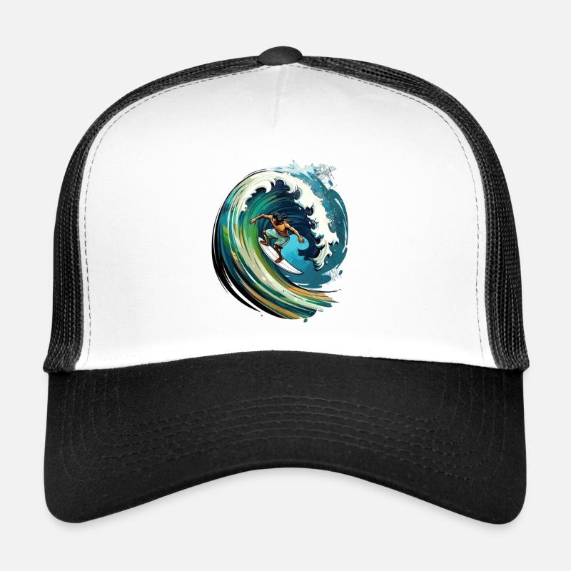 Surfer on a big wave in a 2D illustration Trucker Cap
