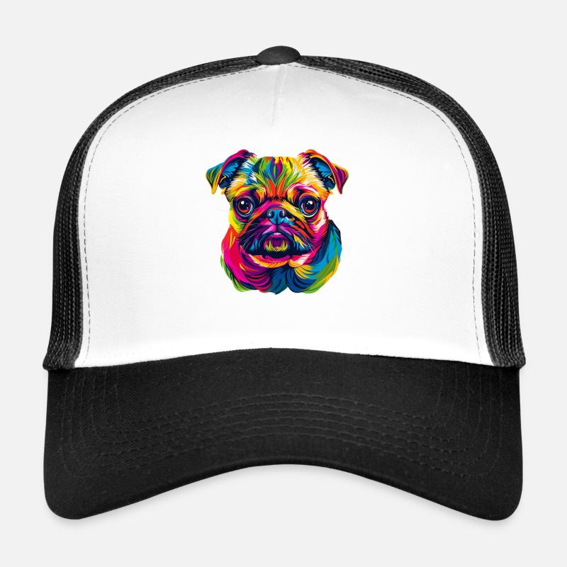 Mops Hund Bunte Farben Pop Art Regenbogen Carlino - Trucker Cap - Weiß/Schwarz