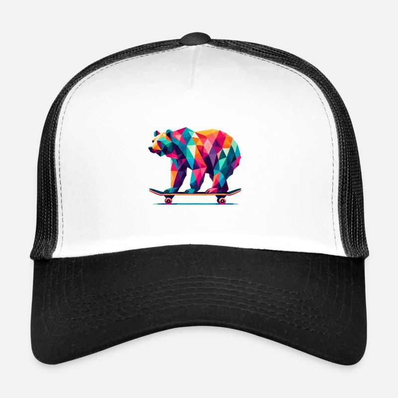 Geometric Polygon Bear Skateboarding Colorful Art - Trucker Cap - white/black
