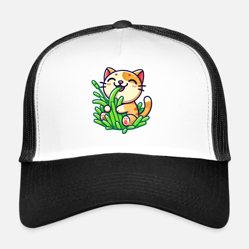 Chat roux mignon mangeant de l’herbe verte Casquette trucker 