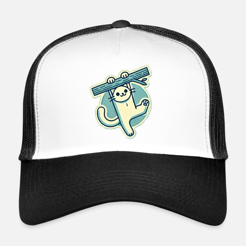 Glückliche weiße Katze, die an einem Ast hängt Trucker Cap