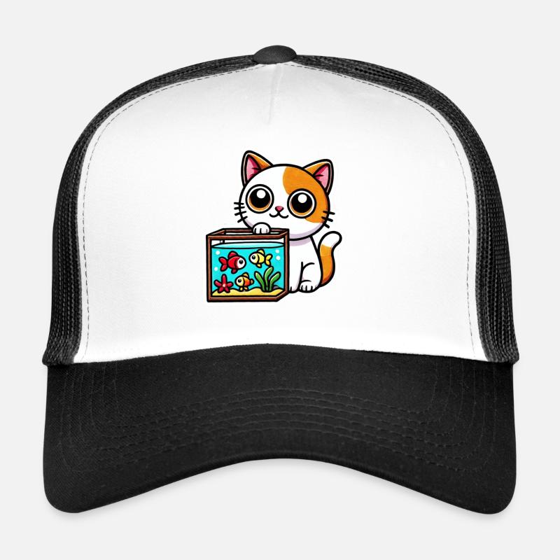 Mignon chat blanc roux assis près de l’aquarium Casquette trucker 