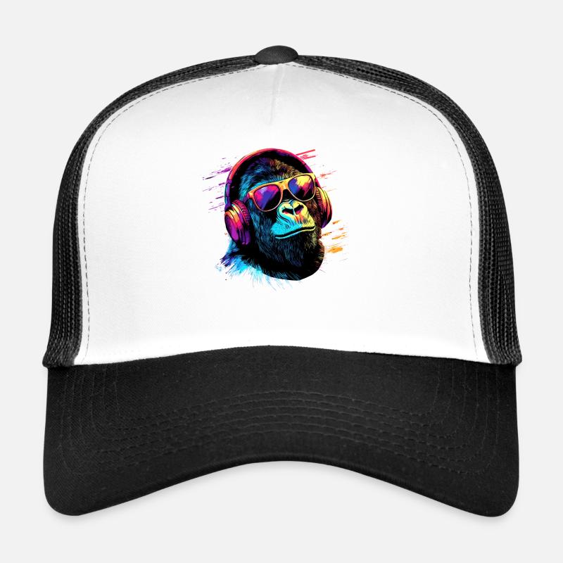 DJ Monkey Headphones Sunglasses Music Party Monkey Trucker Cap