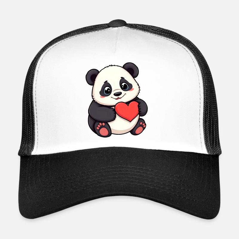 Entzückender Cartoon-Panda mit einem Herz Trucker Cap