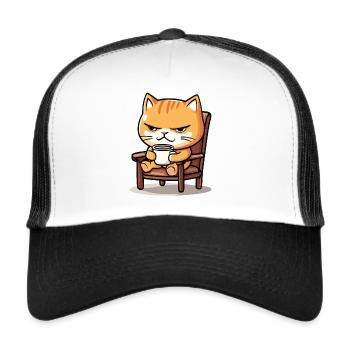 Kater mit Kaffee auf dem Stuhl - Trucker Cap - Weiß/Schwarz - Vorne